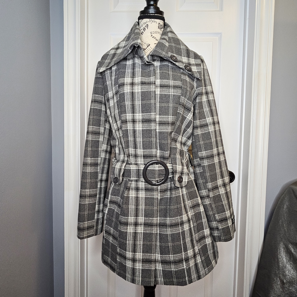 NWOT Majora Women's Wool Blend Pea Coat Belted Gray White Plaid Size M